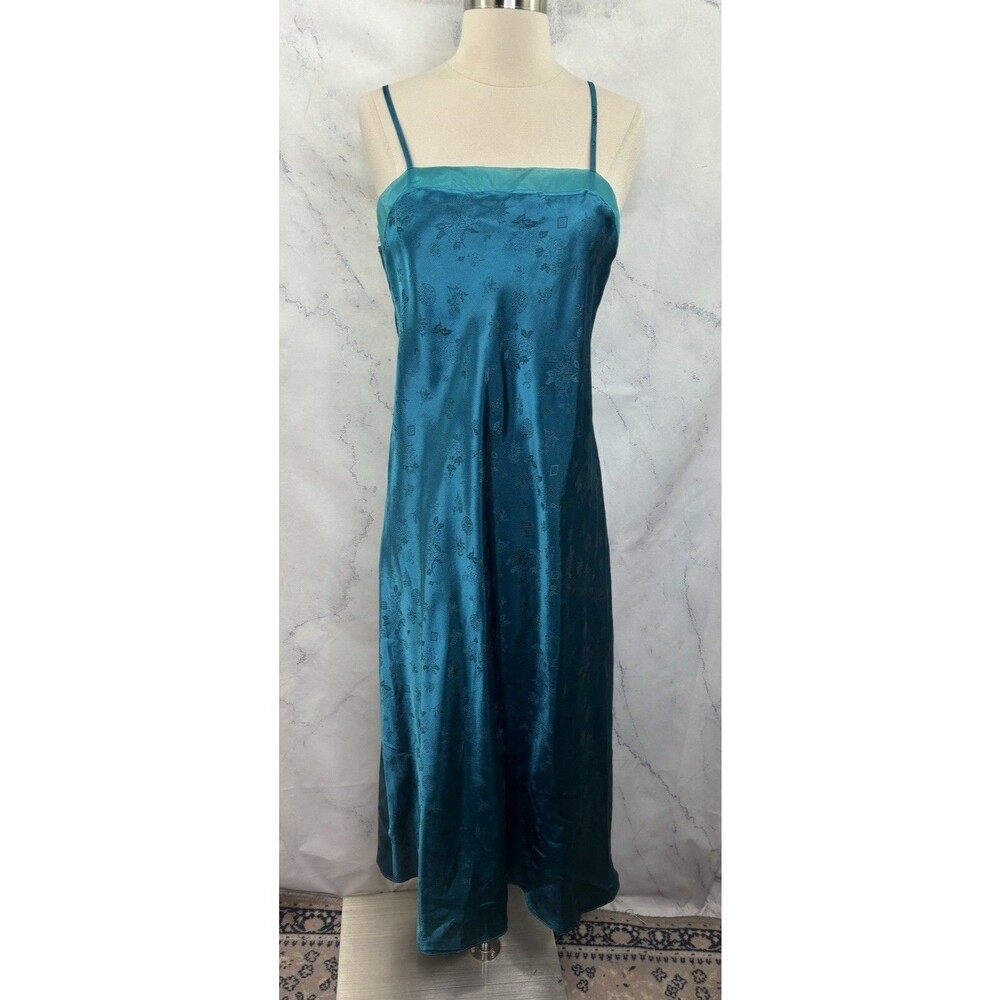 Vintage Nightgown Slip Dress M L Nightie Satin TEAL Blue BROCADE Whimsical fairy - Picture 6 of 14